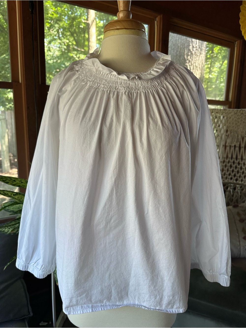 J. Crew White Ruffled Neck Blouse